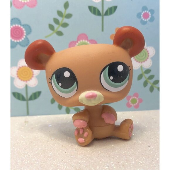Authentic Littlest Pet Shop # 1303 Rare Brown Bear Green Eyes Pink Paws w Bow - Picture 2 of 3